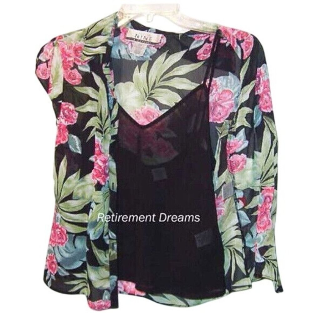 Nine & Company 2P Petite Blouse Cami Floral Button Front Sheer Black Pink NEW - Picture 5 of 9